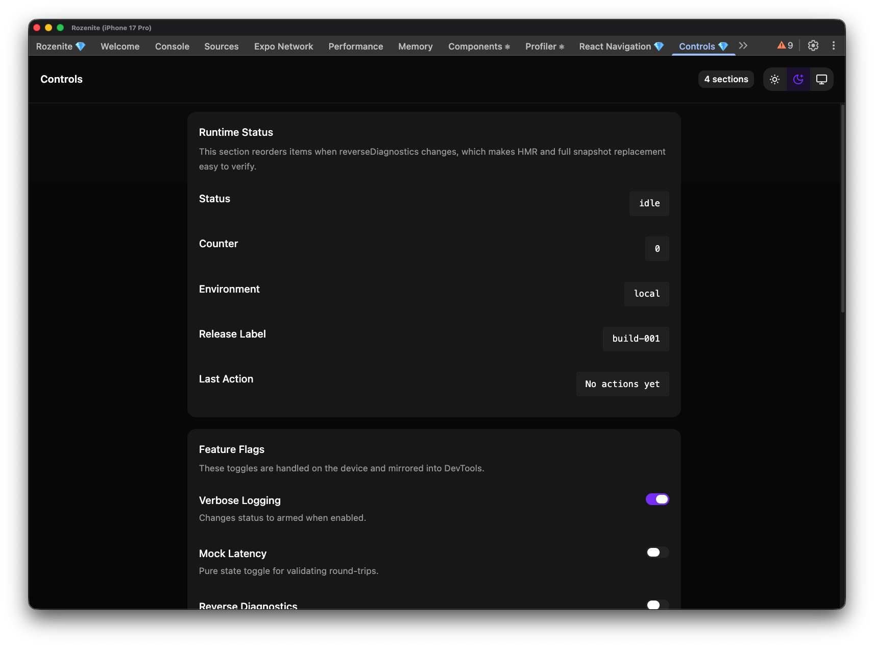 Rozenite Controls panel showing runtime status and feature flag controls