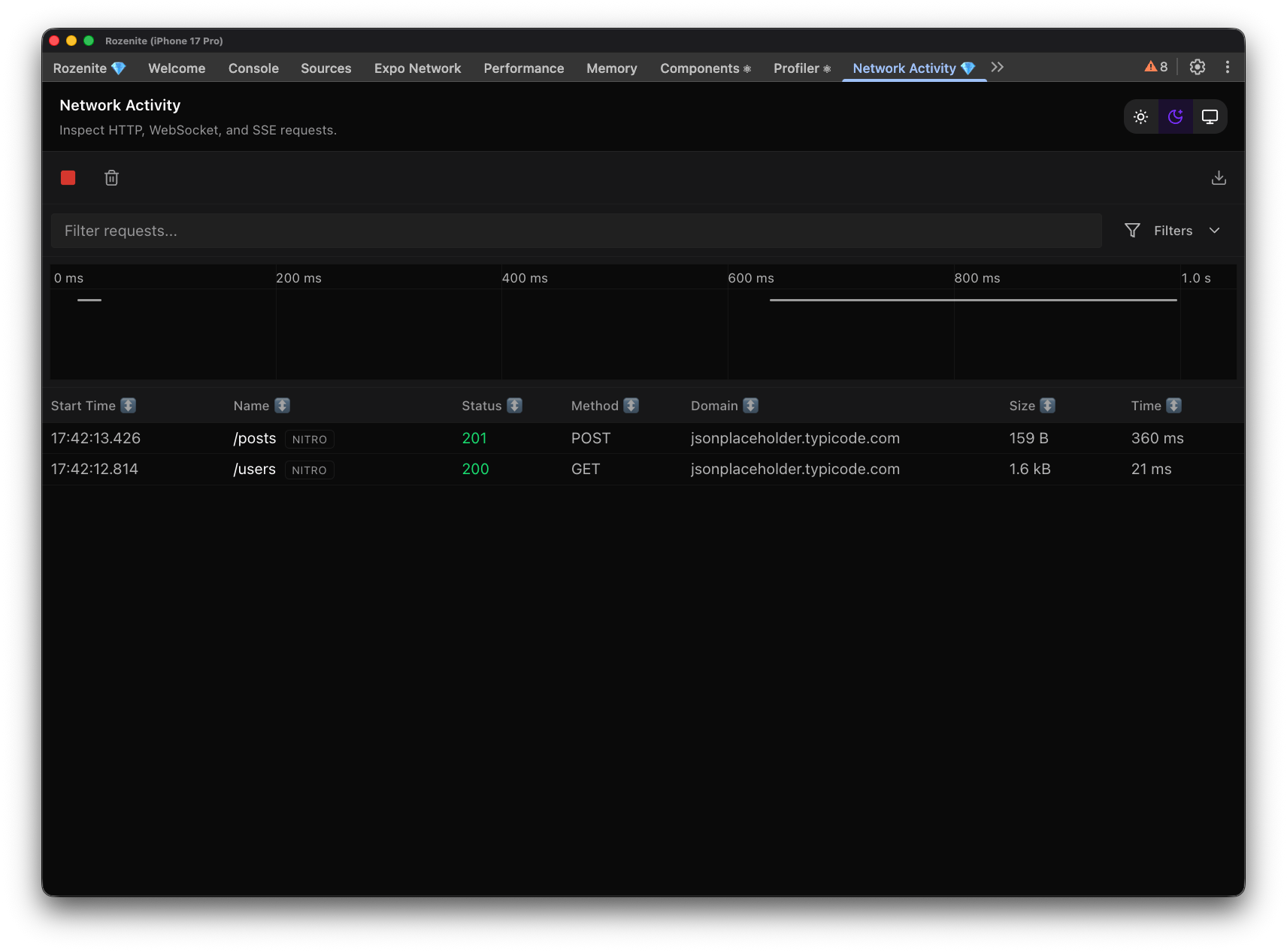 Rozenite Network Activity panel showing captured HTTP requests