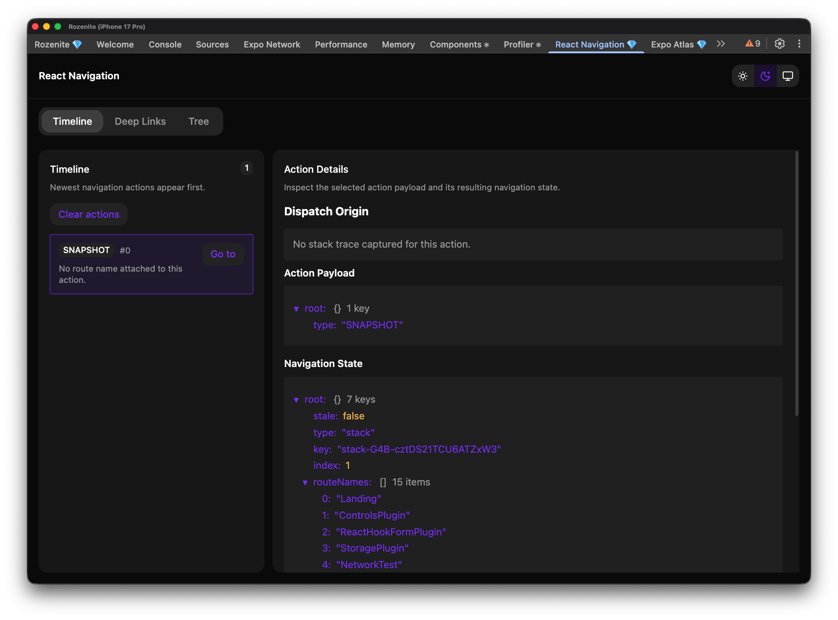 Rozenite React Navigation panel showing navigation timeline, action details, and navigation state