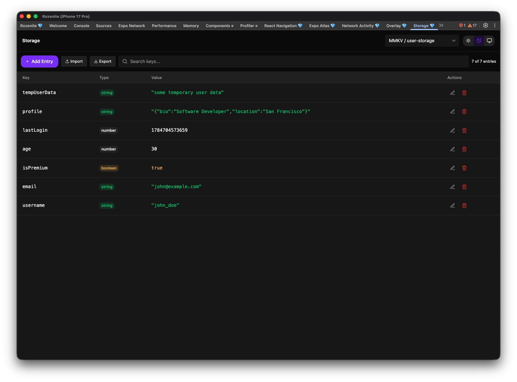 Rozenite Storage panel showing MMKV user storage entries